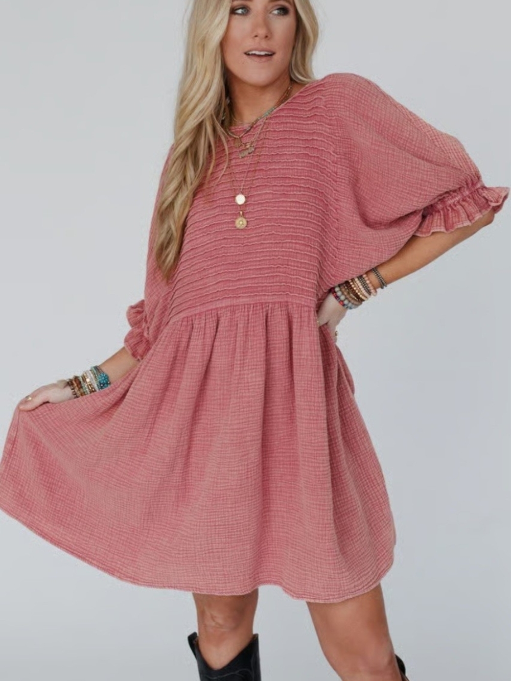 Three Bird Nest Dusty Rose Smocked Mini Dress